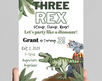 THREE REX! Stop Chomp Roar! Party like a dinosaur 3rd birthday party invitation,  dinos boy birthday, 5x7in, customizable digital download