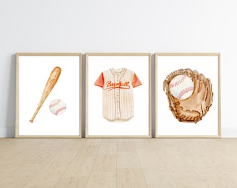 Baseball room decor, homerun wall decor, jersey nursery wall art, baseball watercolor nursery, bat nursery baby boy decor, glove wall art