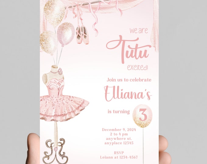 Ballet theme birthday invitation, dance and twirl with the birthday girl, ballet theme light pink tutu, birthday little girl