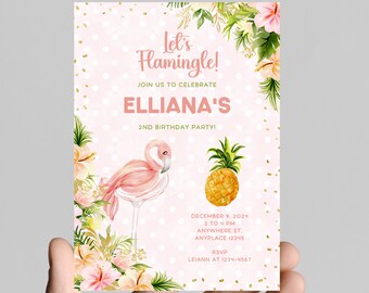Flamingo Let’s FLAMINGLE theme girl birthday invitation, pink and gold glitter, tropical, pineapple, come celebrate the birthday girl,