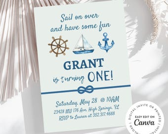 Sailor 1st Birthday Invitation, Nautical Theme (Digital, Editable in Canva)