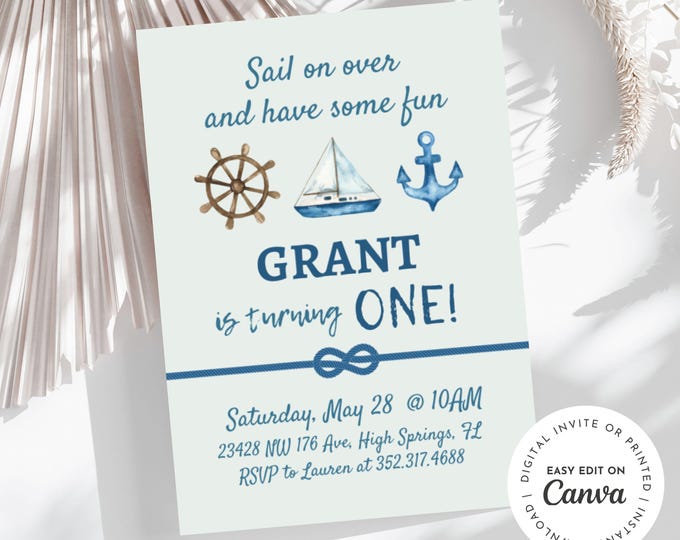 Sailor Themed Invitation, 1st Birthday Baby Boy Party, Nautical, Ocean, Sailor Baby Printable, Digital, Instant Download, E-invite