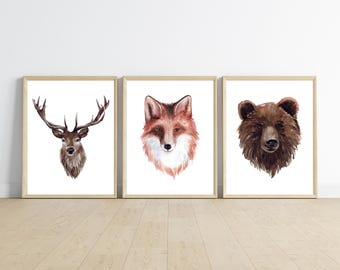 woodland forest animal nursery wall art decor, deer buck, fox, bear, baby boy nursery room,11x14, set of 3 digital prints included.
