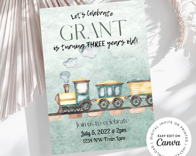 Train theme birthday invitation, train birthday party, railroad, railway, choo choo, trains, tracks, forest, birthday boy, tracks party baby