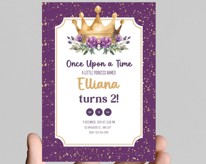 Princess theme birthday invitation, Princess, castle, carriage, gold glitter, purple, girl birthday party, customizable