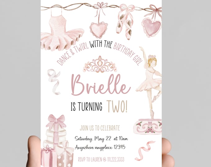 Ballet theme birthday invitation, dance and twirl with the birthday girl, ballet theme light pink tutu, birthday little girl
