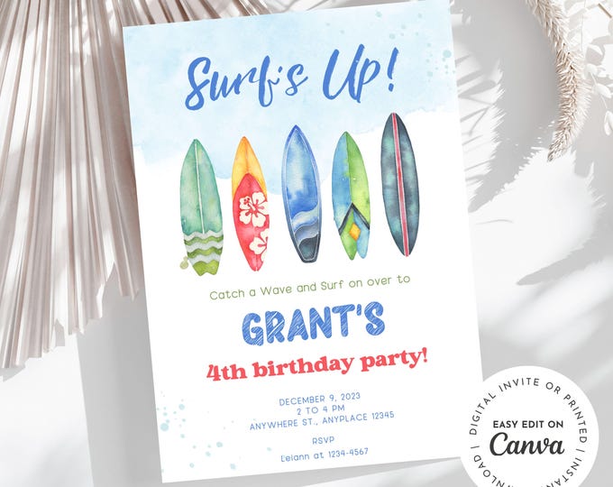 Surfing Themed Birthday Invitation for Kids, Surfer Baby Boy Invitation, Ocean, Beach Swimming Invitation, Surfer Party, E-invite, Printable