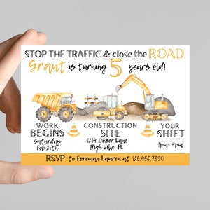 Close the road construction theme Birthday Invitation, join our crew to celebrate the birthday boy, dump truck, excavator, bulldozer, dirt