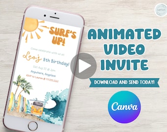 Surf’s up! surfing theme birthday video invitation, gnarly dude, island time, waves, beach, surfboards, ocean waves, customizable