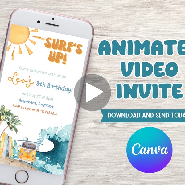 Surf’s up! surfing theme birthday video invitation, gnarly dude, island time, waves, beach, surfboards, ocean waves, customizable