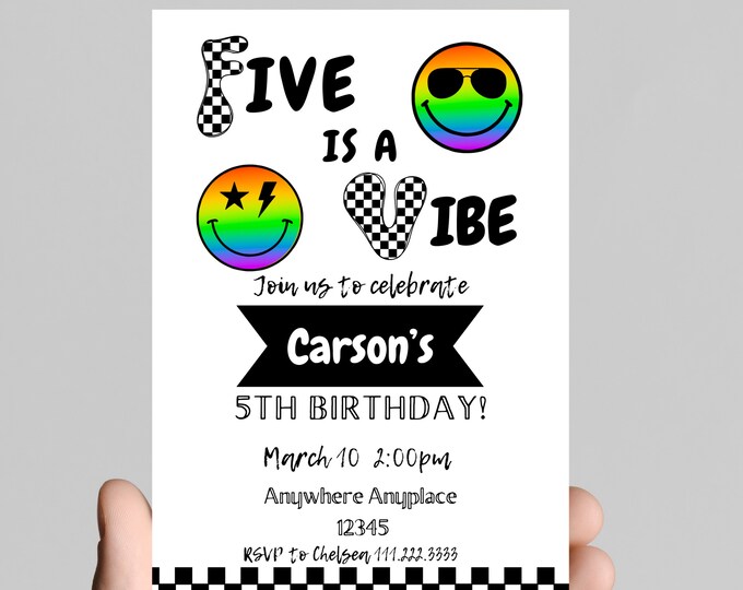 FIVE is a VIBE girl 5th birthday party invitation, black and white, smiley face, sunglasses, edit and printable, digital