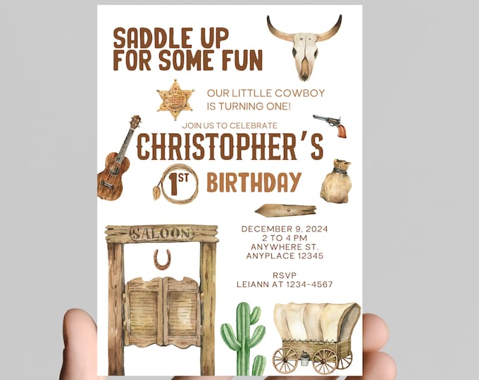 It's my first rodeo first birthday invitation, western, county, cactus, rustic, rodeo, cows, farm, horses, cowboy boots, first birthday boy