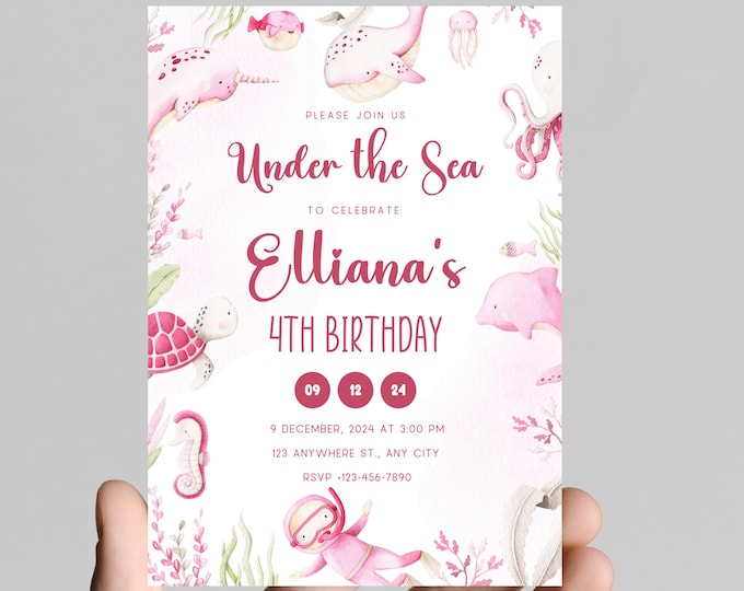 Under the sea theme girl birthday party invitation, pink ocean animals, splish splash, edit to any age, deep sea, ocean