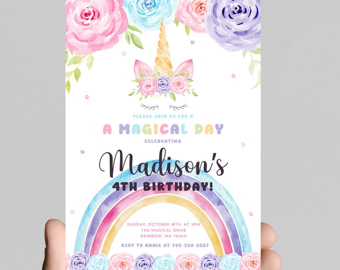 Rainbow Unicorn magical day girl’s 4th birthday invitation, watercolor, sparkle, girl birthday party, digital, edit any age and print