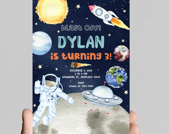 Blast off! Space theme boy birthday invitation, astronaut, outer space, rocket, edit and printable, digital