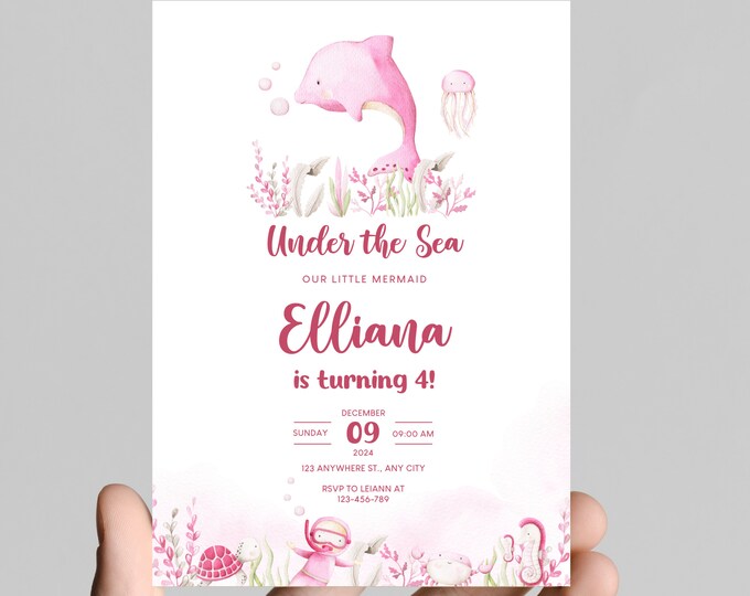 Under the sea theme girl birthday party invitation, pink ocean animals, splish splash, edit to any age, deep sea, ocean