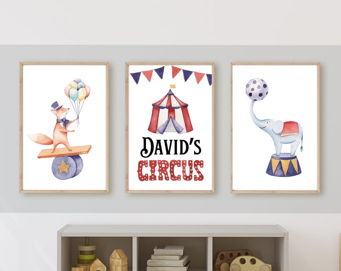 Vintage circus theme for baby boy nursery wall art or room decor, circus tent, circus animals, balloons, 11x14, set of 3 digital downloads