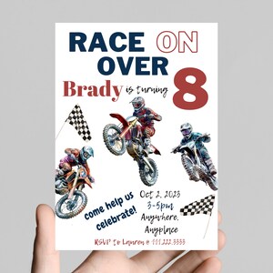Rennen auf über, Dirt Bike Thema, Motocross-Rennen, BMX, Geburtstagskind für jedes Alter, Fahrrad, Dirt Track Racer, editierbar, druckbar, digital