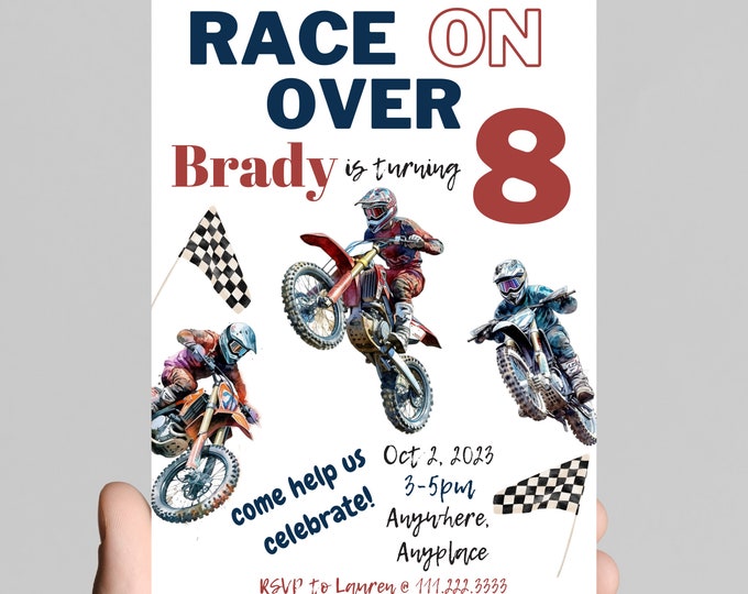 Race on over, dirt bike theme, motocross race, BMX, any age birthday boy invitation, bike, dirt track racer, editable, printable, digital