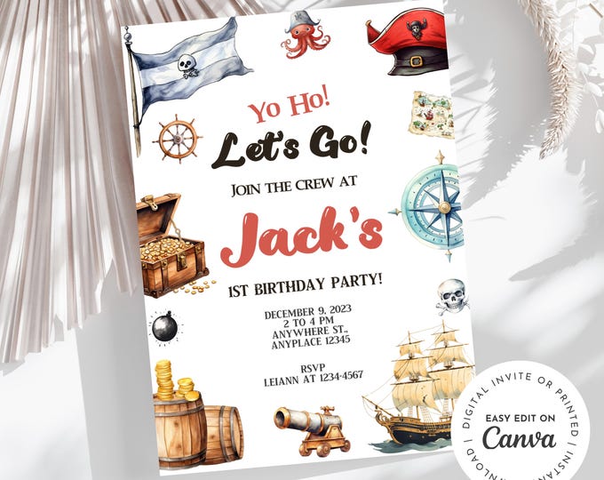 Yo Ho Ahoy pirate theme birthday invitation, pirates, treasure chest, pirate ship, treasure map, customize to any age, digital, printable