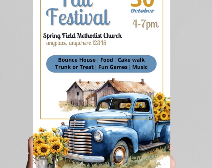 Fall festival flyer or invitation, autumn fall harvest, pumpkins, fall leaves, vintage truck, church festival, editable, printable, digital