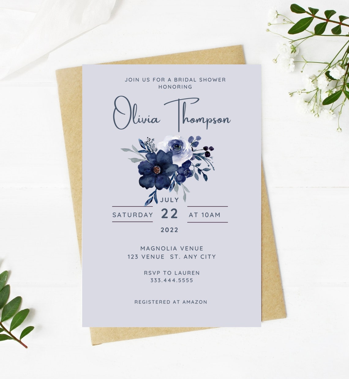Beautiful Navy Blue Bridal Shower Invitation Wedding Simple Etsy