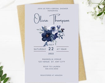 Beautiful navy blue bridal shower invitation, Wedding, simple, minimalist, printable, editable, instant download template