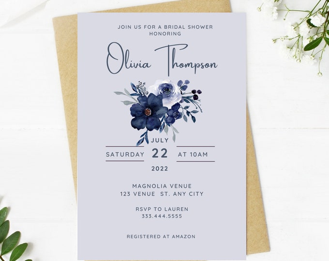 Beautiful navy blue bridal shower invitation, Wedding, simple, minimalist, printable, editable, instant download template