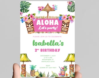 Hawaiian luau theme girl birthday invitation, pink, tropical, age is editable,  digital or printable