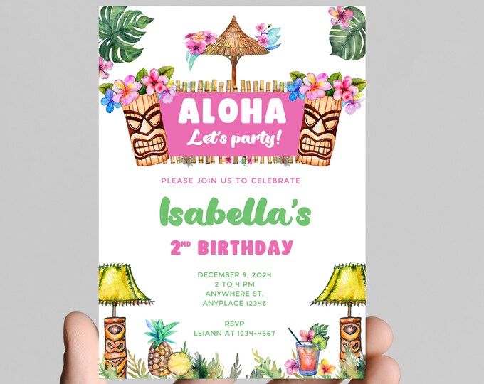 Hawaiian luau theme girl birthday invitation, pink, tropical, age is editable,  digital or printable