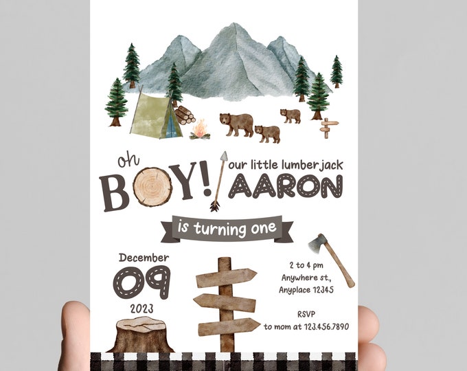Woodland theme, Wild ONE lumberjack first 1st birthday invitation, buffalo plaid, adventure, outdoors, customize, digital, printable