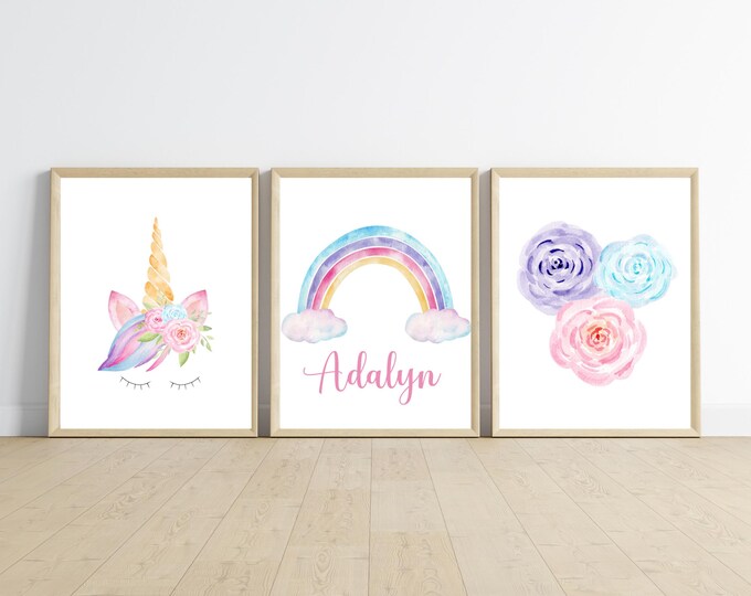 Rainbow unicorn girl’s nursery or bedroom wall art, rainbow and gold, unicorn, 11x14, set of 3 digital downloads included, no frames.