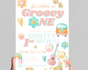 Retro Groovy ONE 1st Birthday Invitation, Daisy Theme (Digital Download)