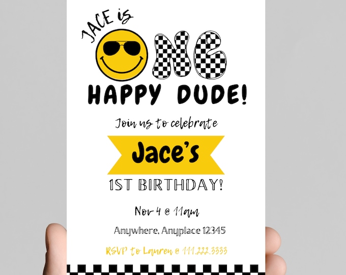 ONE happy dude, baby boy 1st birthday party invitation, black and white, smiley face, sunglasses, notorious one,editable, printable, digital