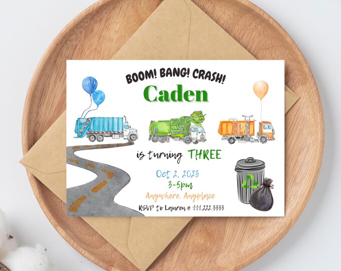 Garbage truck birthday invitation, Boom, bang, crash, Garbage truck theme birthday Invitation, rubbage truck, recycle truck, editable