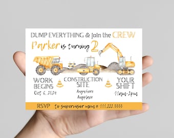 Dump everything construction theme Birthday Invitation, join our crew to celebrate the birthday boy, dump truck, excavator, bulldozer, dirt