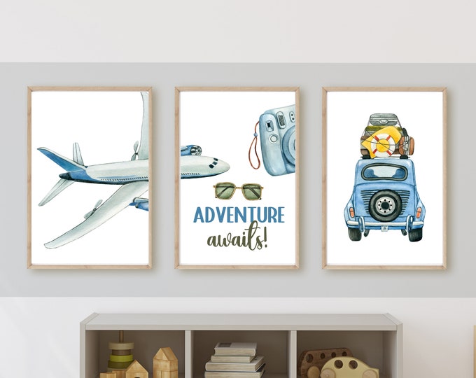 Adventure awaits, airplane vintage world travel boy room decor, adventure travel wall art, vintage map, 11x14, set of 3 digital downloads
