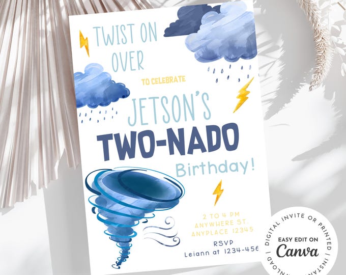 Tornado birthday Twist on over! Storm warning! Two-nado! Tornado themed 2nd birthday party invitation, boy birthday, printable, digital