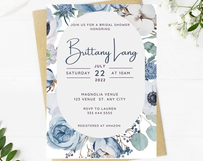Beautiful dusty blue bridal shower invitation, floral, Wedding, simple, minimalist, printable, editable, instant download template