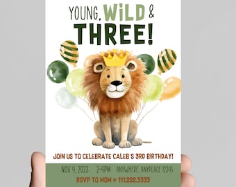 Safari Lion 3rd Birthday Invitation, Young Wild and Three (Digital, Printable)