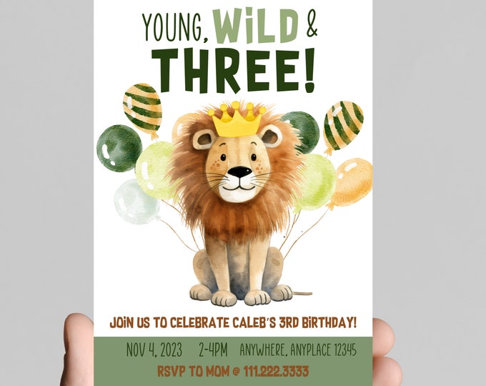 Young wild and three safari theme 3rd birthday invitation, safari animals, zoo animals, party animals, customize, digital, printable