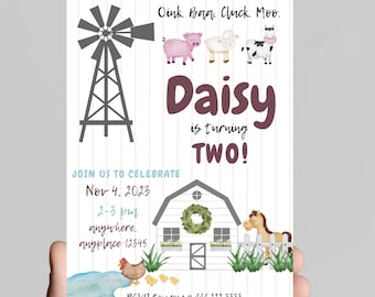 Oink, baa, cluck, moo, farm theme birthday invitation, cow, barn animals, tractor, girl 2nd birthday invitation. Editable Age and details