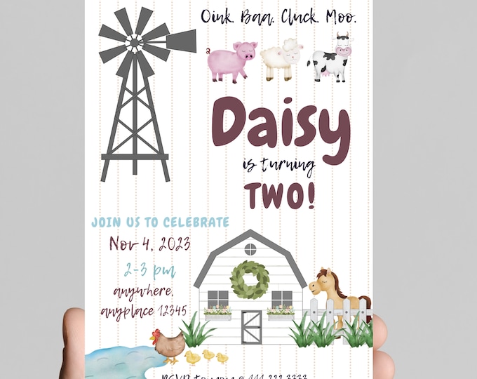 Oink, baa, cluck, moo, farm theme birthday invitation, cow, barn animals, tractor, girl 2nd birthday invitation. Editable Age and details