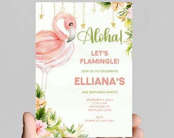 Flamingo Let’s FLAMINGLE theme girl birthday invitation, pink and gold glitter, tropical, pineapple, come celebrate the birthday girl,