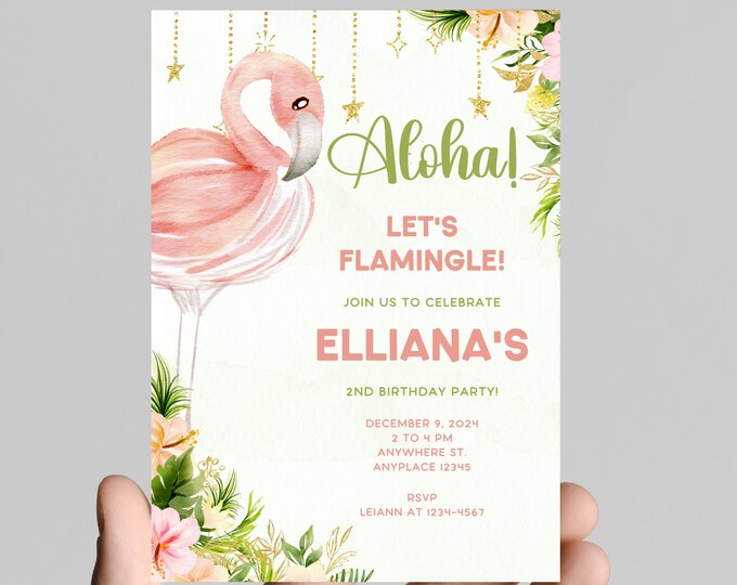 Flamingo Let’s FLAMINGLE theme girl birthday invitation, pink and gold glitter, tropical, pineapple, come celebrate the birthday girl,