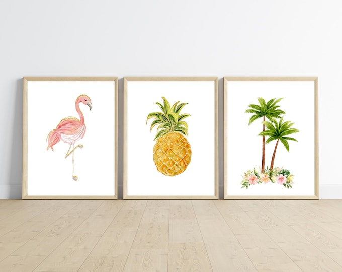 Flamingo wall art, girl nursery bedroom wall decor, PRINTED and shipped 11x14inches, set of 3 printed on matte paper board, NOT framed.