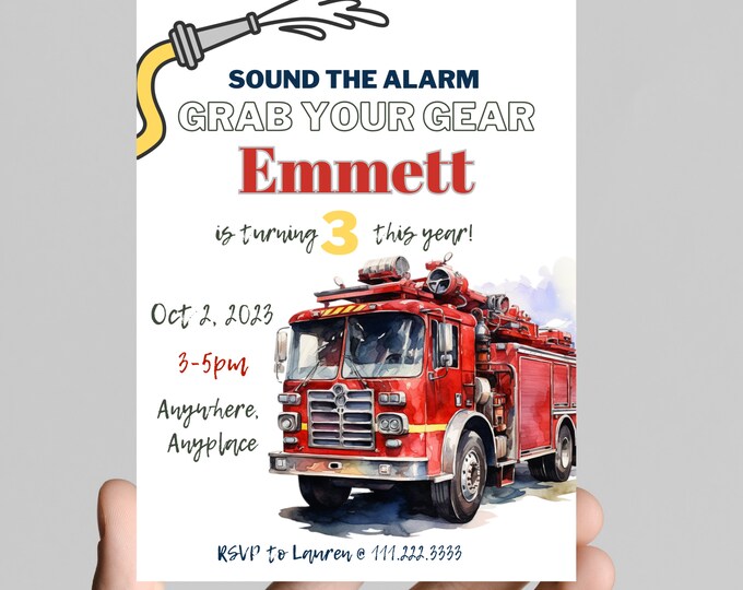 sound the alarm and grab your gear, fire fighter truck theme Birthday Invitation, firefighter birthday party, fire, fire truck, fire hose