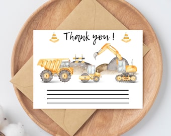 Construction theme Birthday, Thank You card, blank lines for you to write on, dump truck, excavator, bulldozer, dirt, trucks