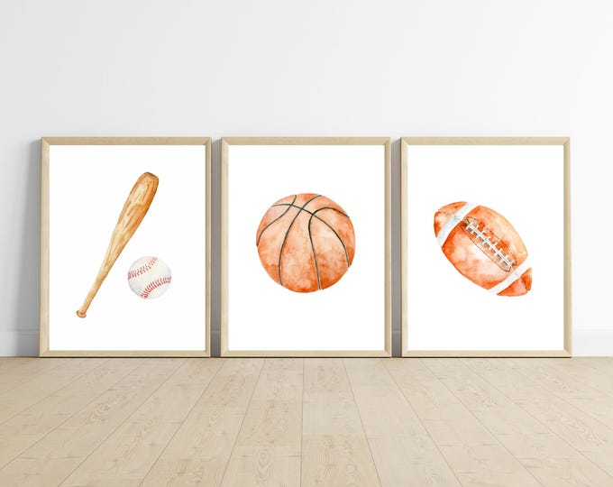 Sports theme wall art, athlete wall decor, baseball, football, basketball, 11x14, set of 3 digital downloads
