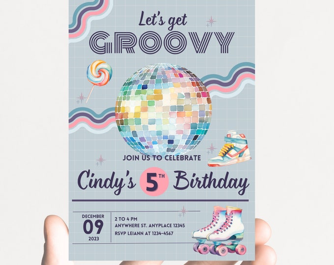 Let’s get groovy, retro, 70’s, throwback, daisy, boho, rainbow, groovy hippie girl birthday invitation themed, edit any age, printable
